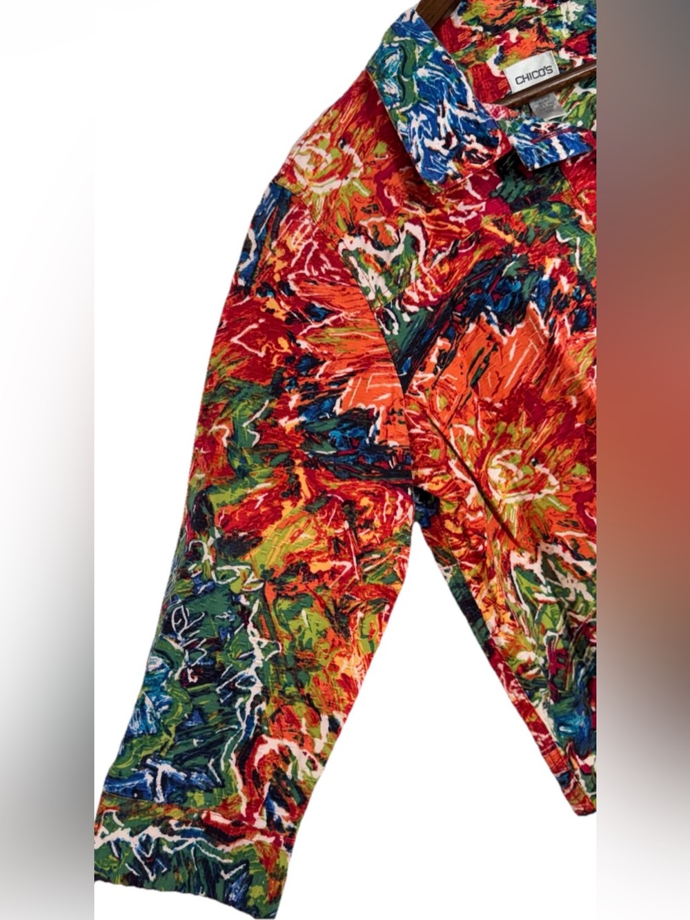 Chicos Red Silk Blend Colorful Abstract Floral Print Boxy Light Jacket 2 - Large - Picture 3 of 8